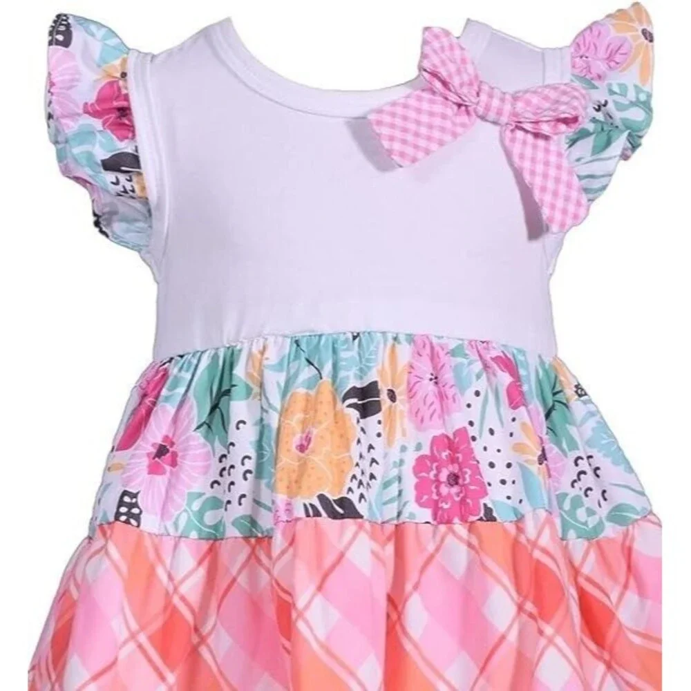 Bonnie Jean Girls Dress Flutter Sleeve Knit Mixed Tiered Poplin Multi 6-9 Months